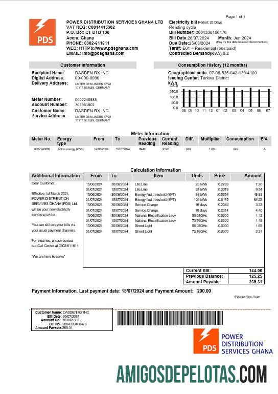 Para baixar modelo de fatura de serviços públicos de eletricidade PDS de Gana em formatos Word e PDF